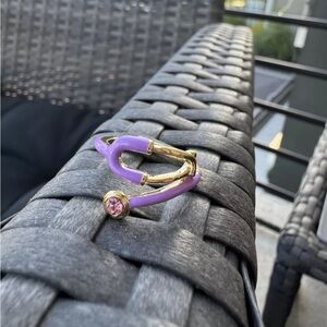 Stethoscope ring - gold with purple enamel and pink stone - size 7